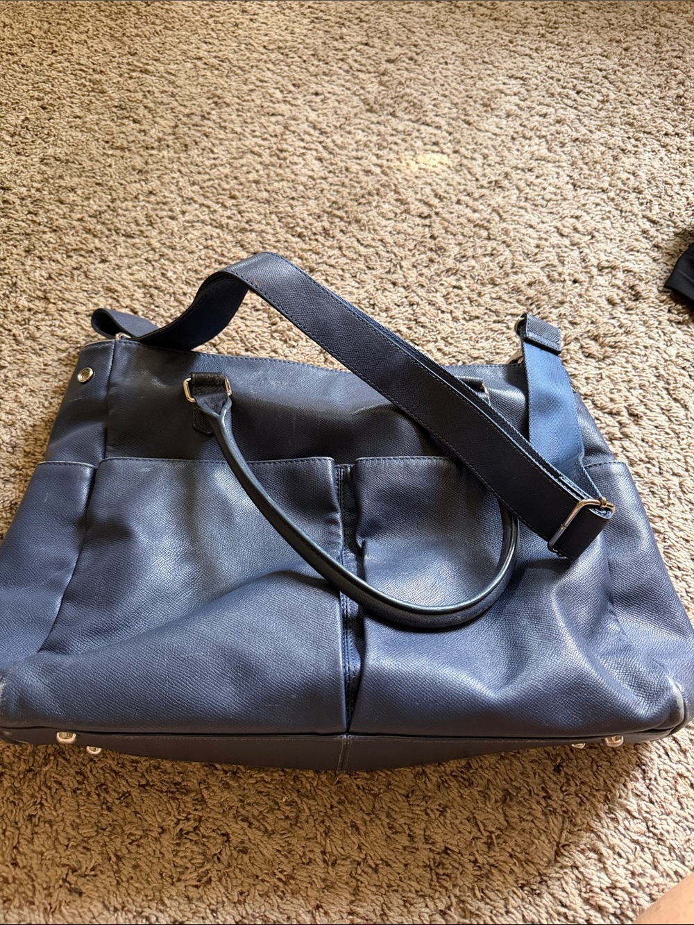 Levenger Navy Blue Leather Tote with Shoulder Strap